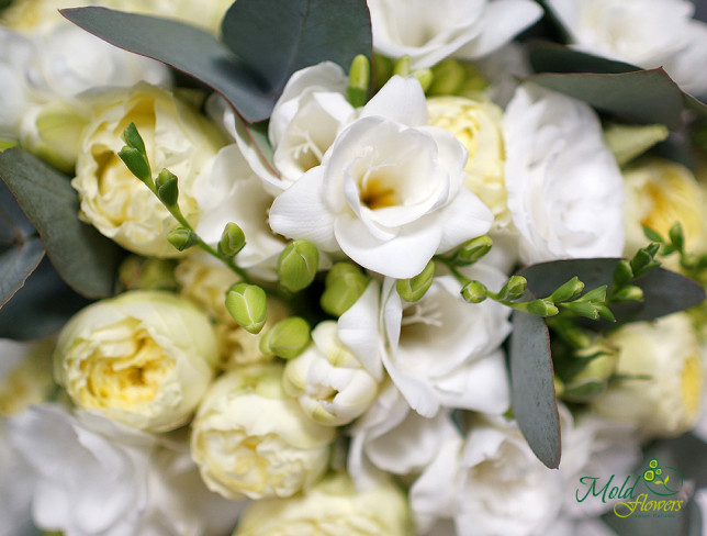 Buchet de mireasă din trandafiri verde, eustoma, frezia și eucalipt foto